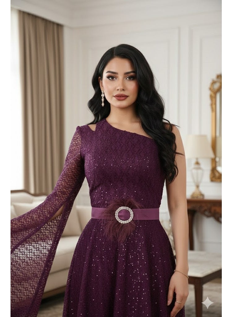 فول جوي فستان سهره طويل بكم واحد واسع مع حزام في الخصر بريش طبيعي ,فستان موضة - Image 3